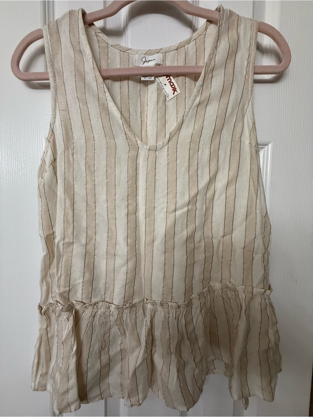 Japna Cream and Tan Striped V-Neck Peplum Top